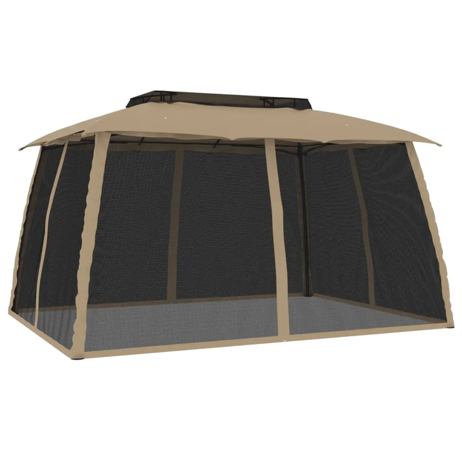 Tonnelle avec double toit et parois en filet taupe acier - 2