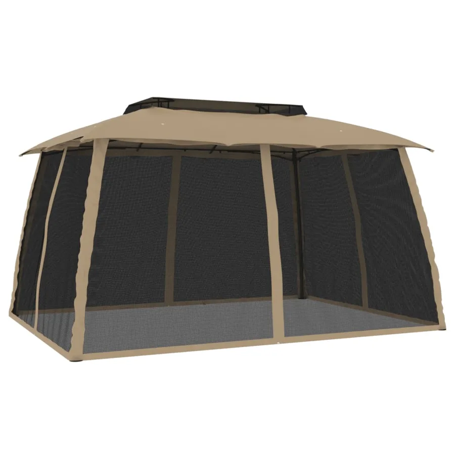 Tonnelle avec double toit et parois en filet taupe acier - 5