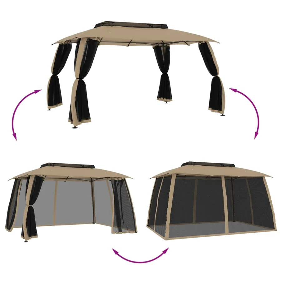 Tonnelle avec double toit et parois en filet taupe acier - 6