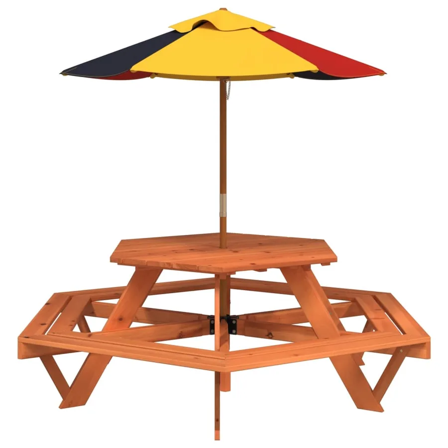 Table de pique-nique pour 6 enfants avec parasol hexagone sapin - 2