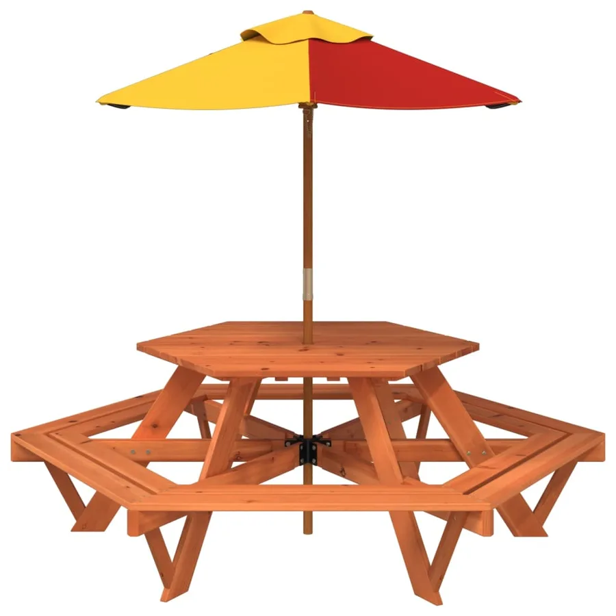 Table de pique-nique pour 6 enfants avec parasol hexagone sapin - 3