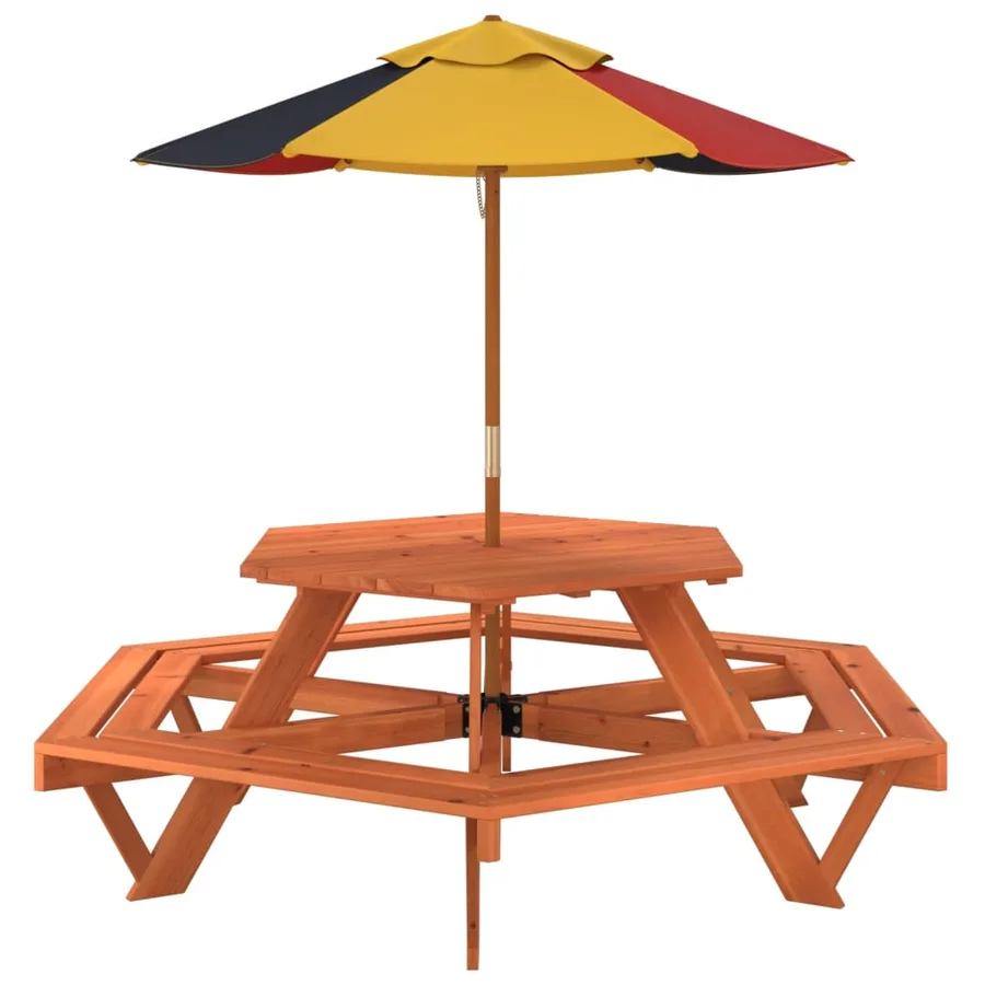 Table de pique-nique pour 6 enfants avec parasol hexagone sapin - 5