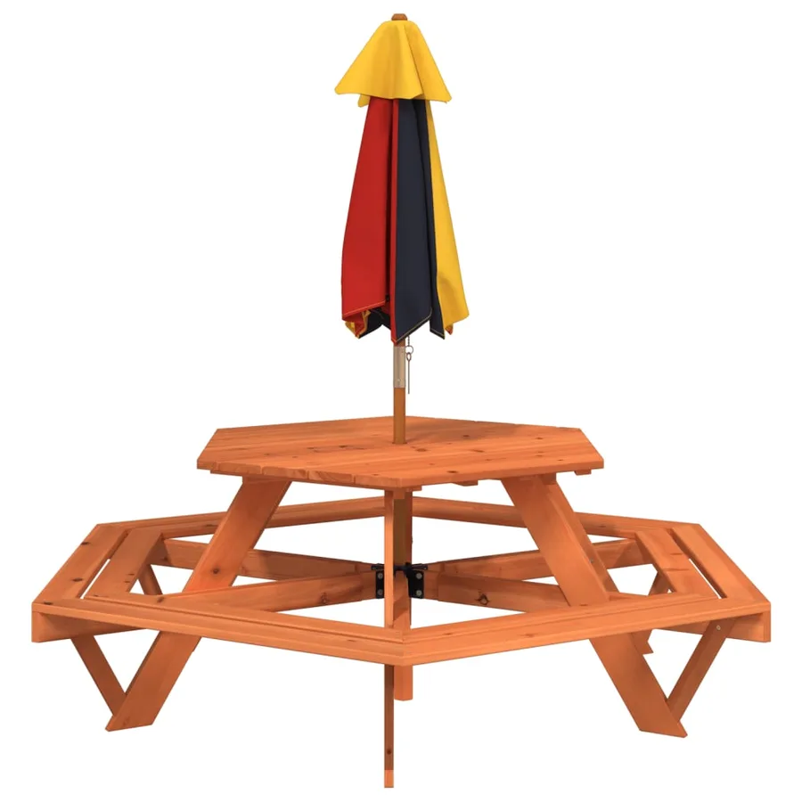 Table de pique-nique pour 6 enfants avec parasol hexagone sapin - 6