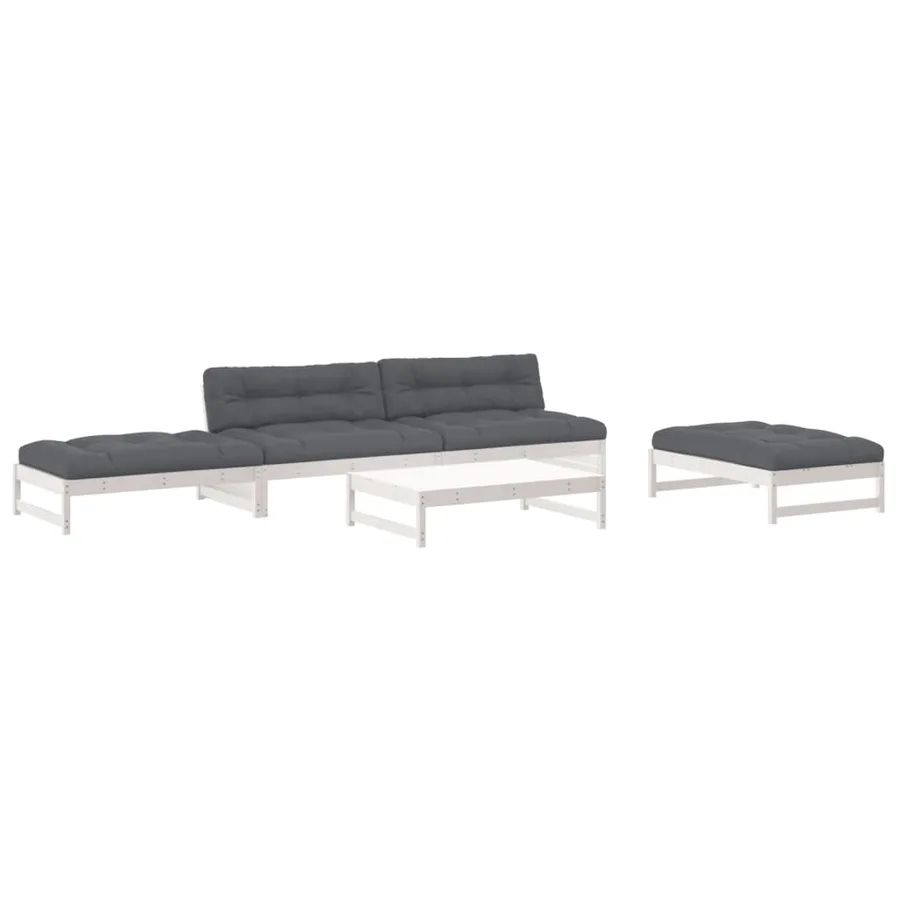 Salon de jardin 5 pcs avec coussins blanc bois massif - 2