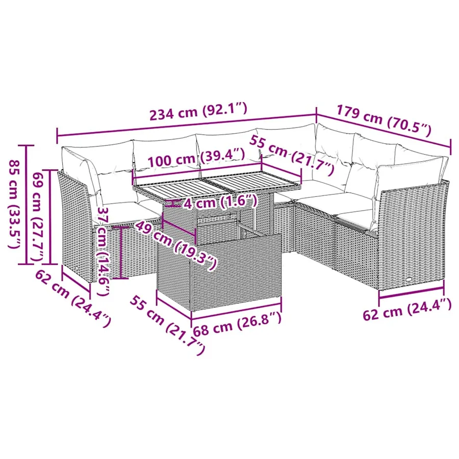 Salon de jardin 7 pcs avec coussins noir résine tressée 62 x 62 x 69 cm - 66,7 kg - 12