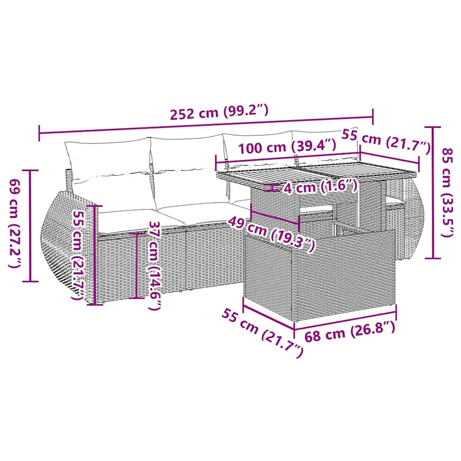Salon de jardin 5 pcs avec coussins gris résine tressée - 12