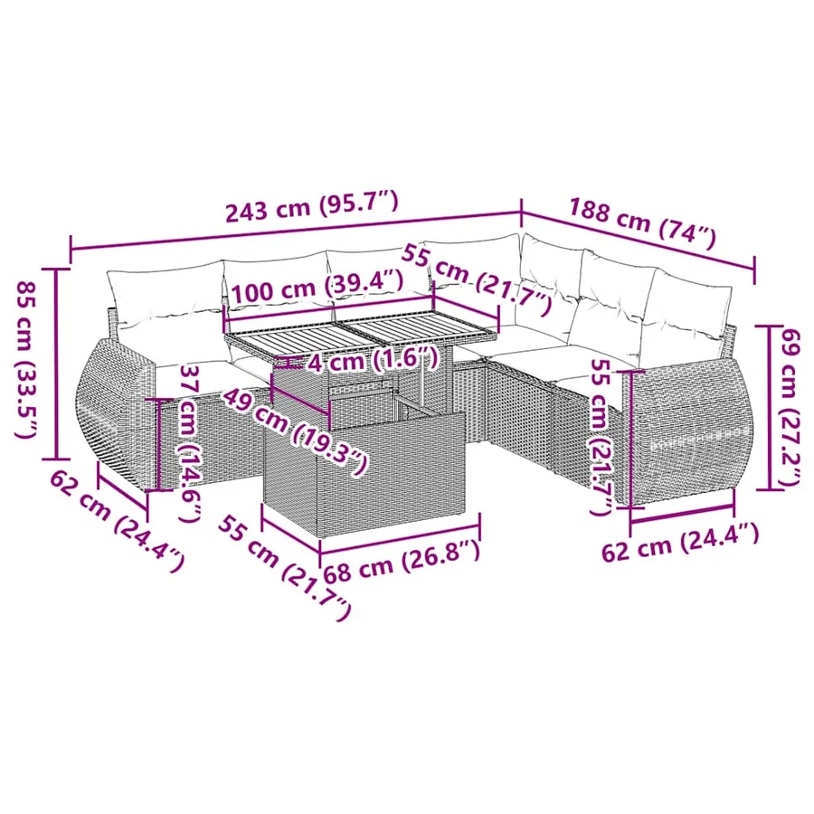 Salon de jardin avec coussins 7 pcs gris résine tressée - 15