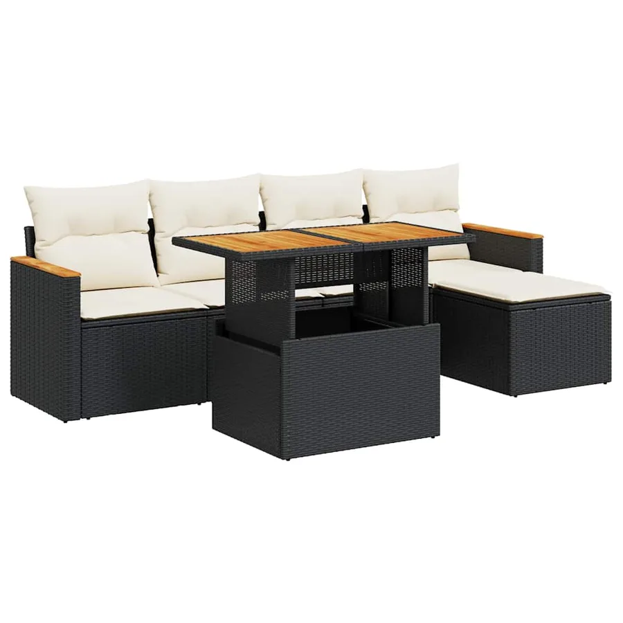 Salon de jardin 6 pcs avec coussins noir résine tressée acacia - 2