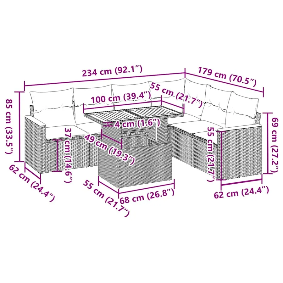 Salon de jardin avec coussins 7 pcs noir résine tressée acacia - 16