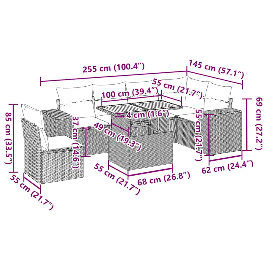Salon de jardin 7 pcs avec coussins noir résine tressée 62 x 62 x 69 cm - 69,0 kg - 16