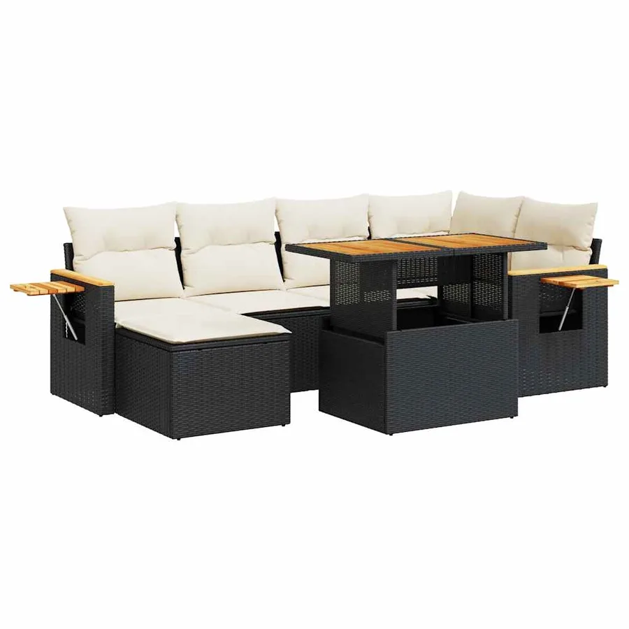 Salon de jardin avec coussins 7 pcs noir résine tressée acacia - 2
