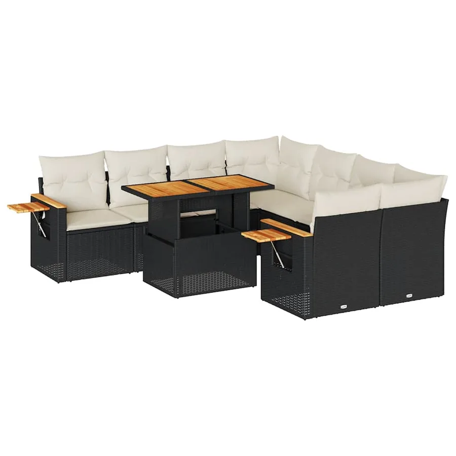 Salon de jardin avec coussins 9 pcs noir résine tressée acacia - 2