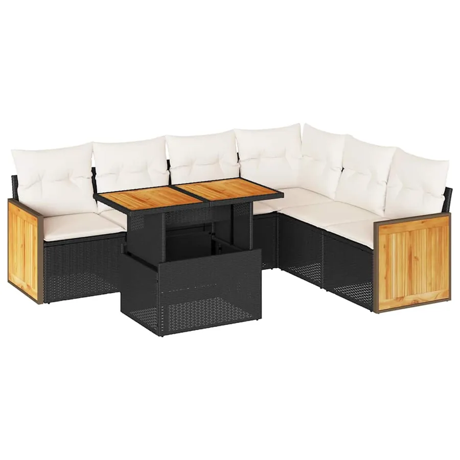 Salon de jardin avec coussins 7 pcs noir résine tressée acacia - 2