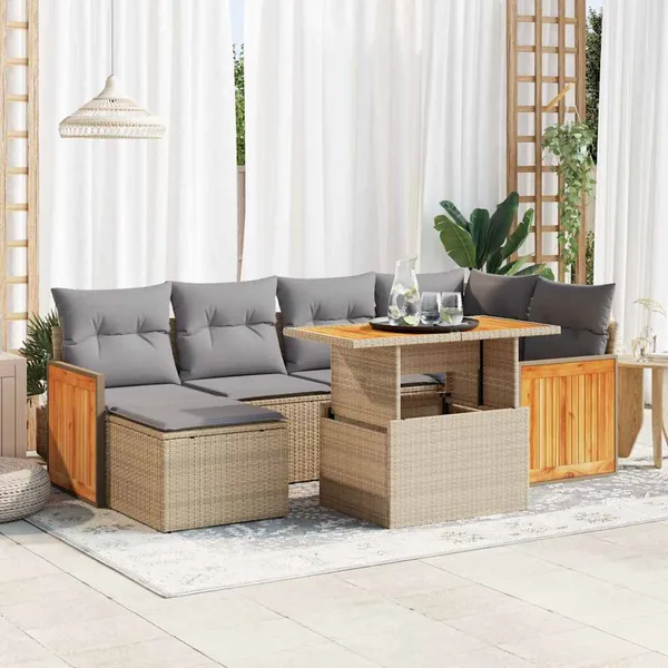 Salon de jardin avec coussins 7 pcs beige résine tressée acacia