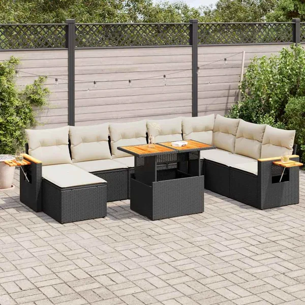 Salon de jardin avec coussins 9 pcs noir résine tressée acacia