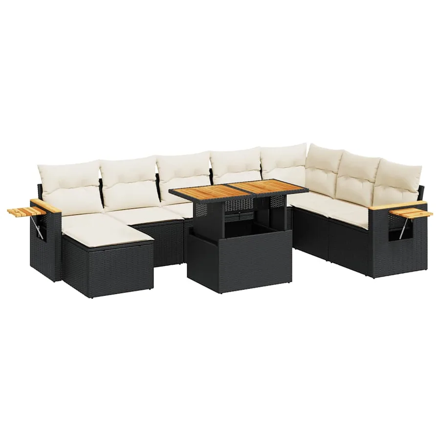 Salon de jardin avec coussins 9 pcs noir résine tressée acacia - 2