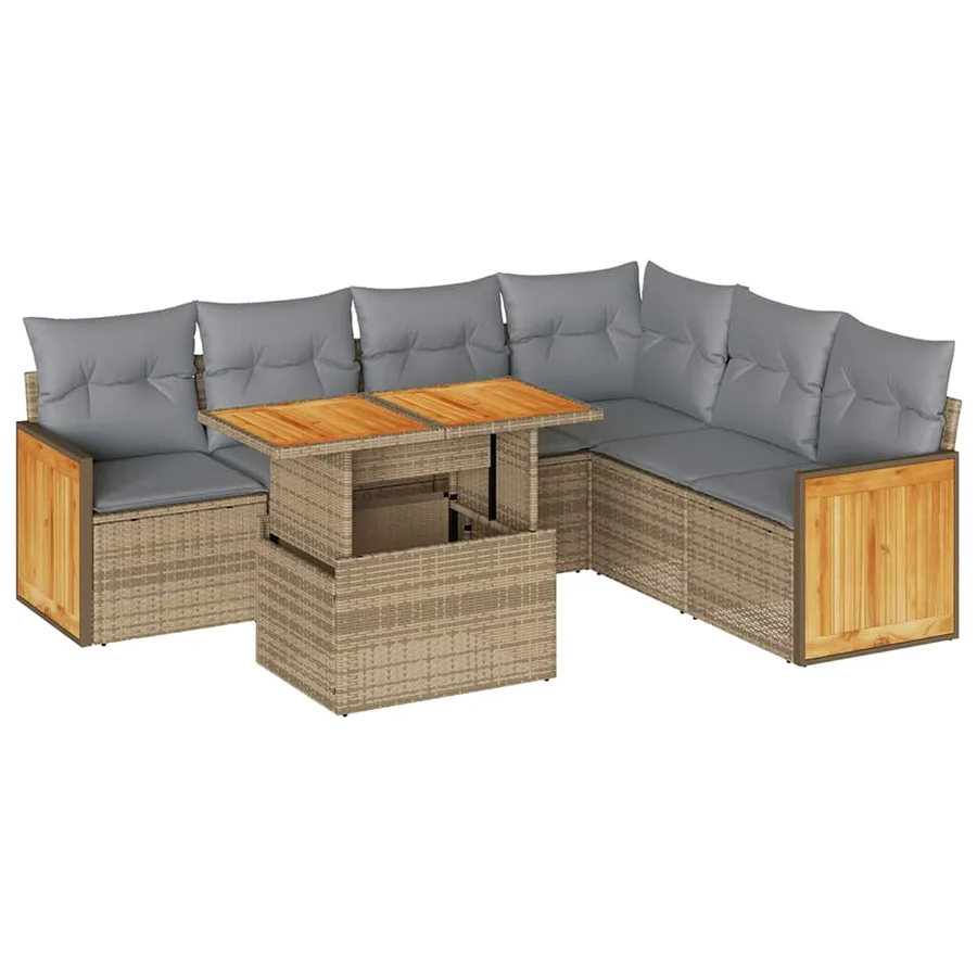 Salon de jardin avec coussins 7 pcs beige résine tressée acacia - 2
