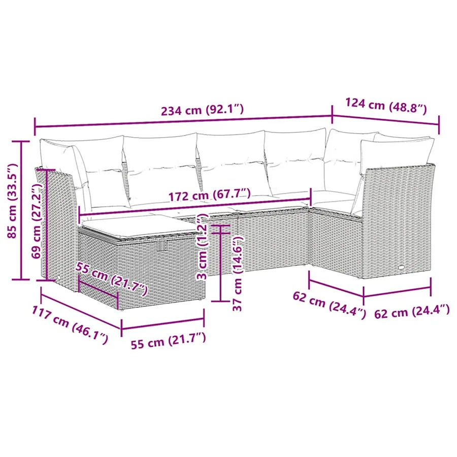 Salon de jardin 6 pcs avec coussins gris clair résine tressée - 11