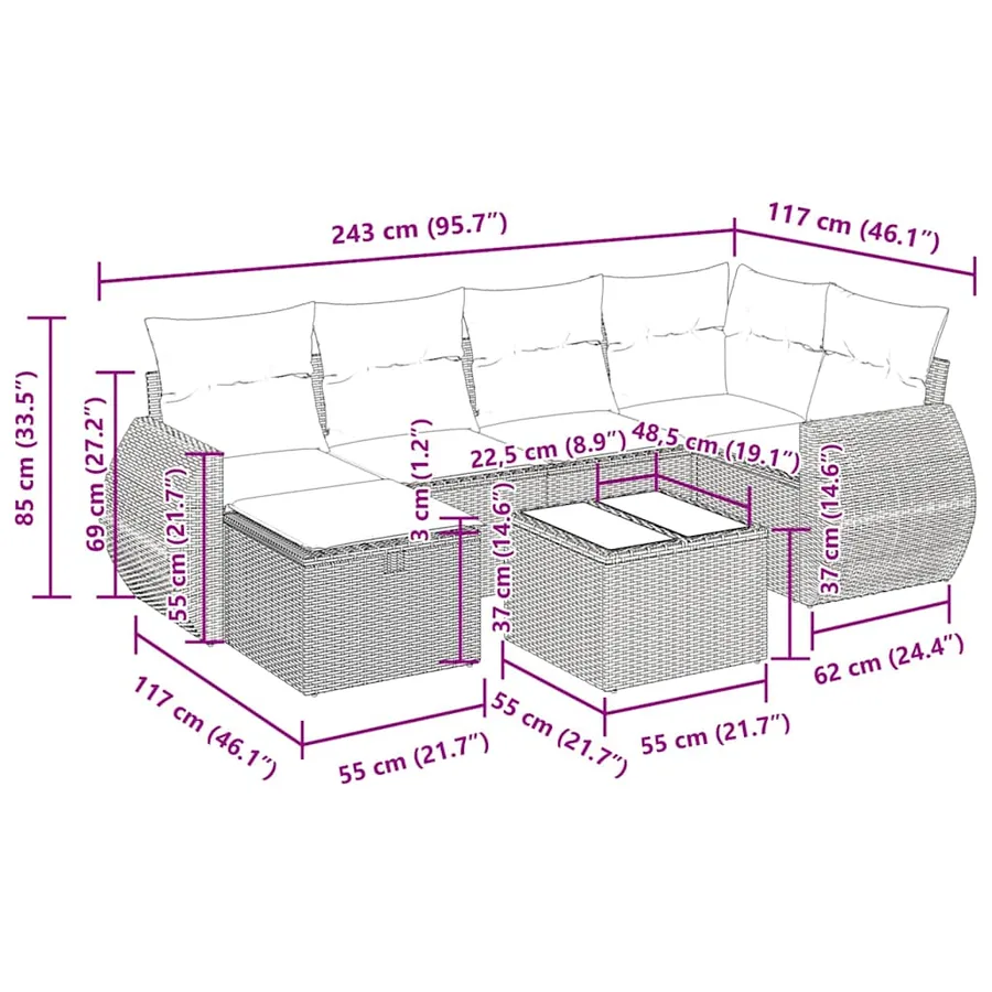 Salon de jardin avec coussins 7 pcs gris clair résine tressée - 15