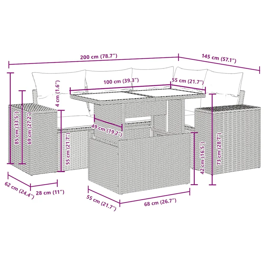 Salon de jardin 5 pcs avec coussins gris clair résine tressée - 14