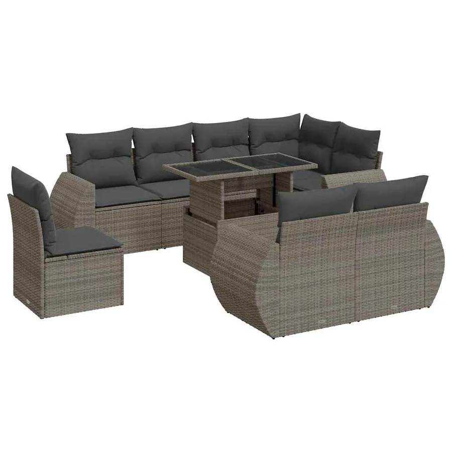 Salon de jardin 9 pcs avec coussins gris résine tressée - 2