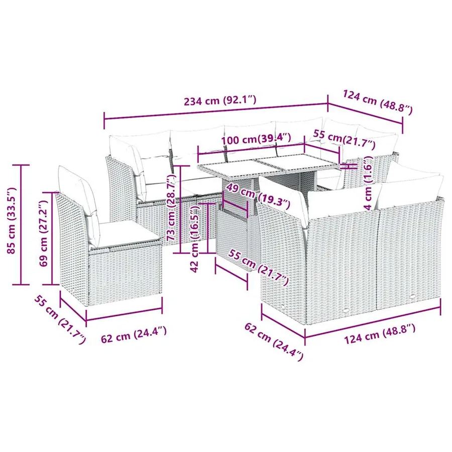 Salon de jardin avec coussins 9 pcs marron résine tressée - 11