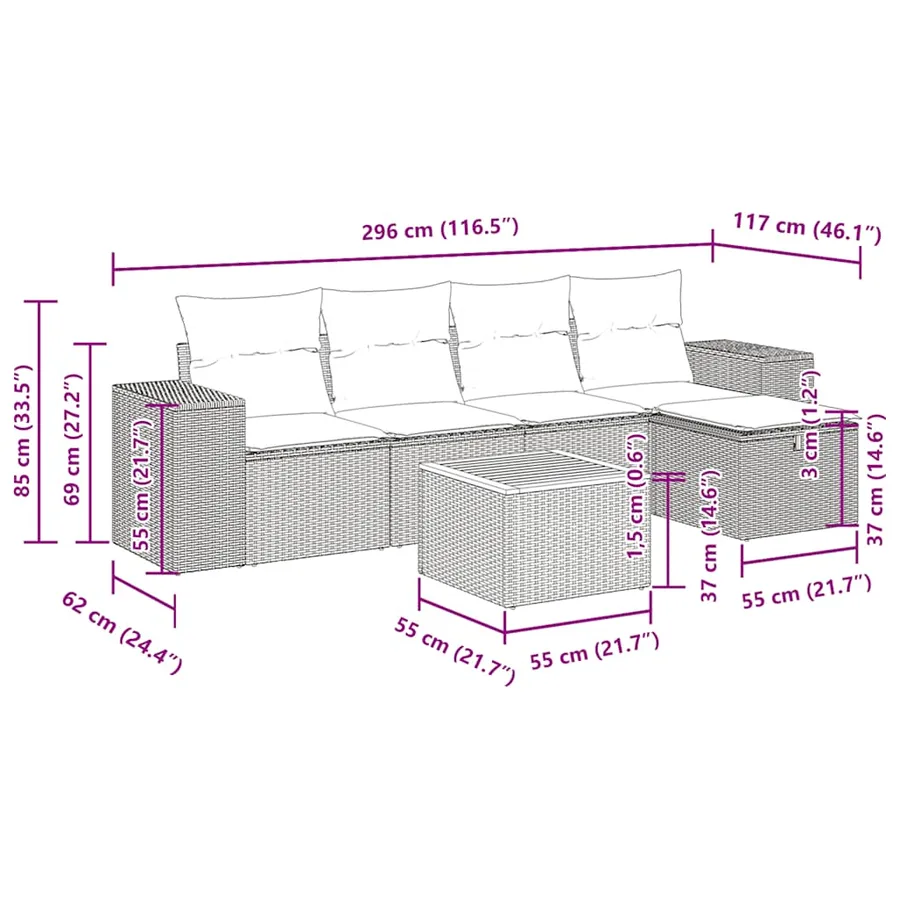 Salon de jardin 6 pcs avec coussins noir résine tressée - 12
