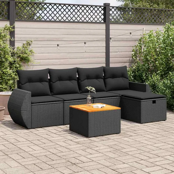 Salon de jardin 6 pcs avec coussins noir résine tressée