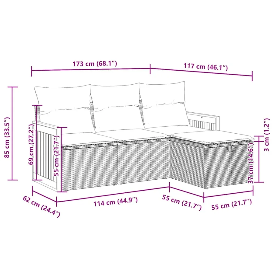 Salon de jardin 4 pcs avec coussins noir résine tressée - 12