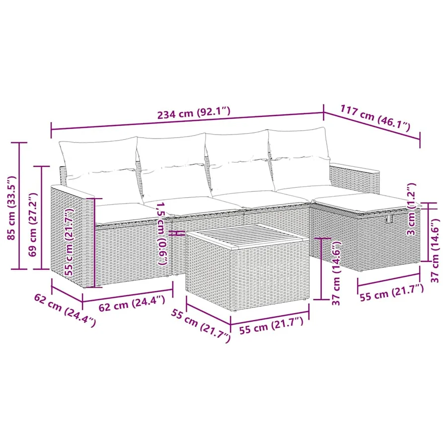 Salon de jardin 6 pcs avec coussins noir résine tressée - 13