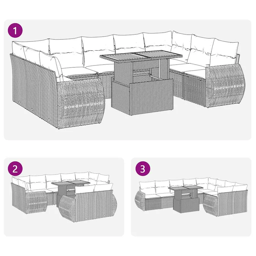 Salon de jardin 10 pcs avec coussins noir résine tressée - 11