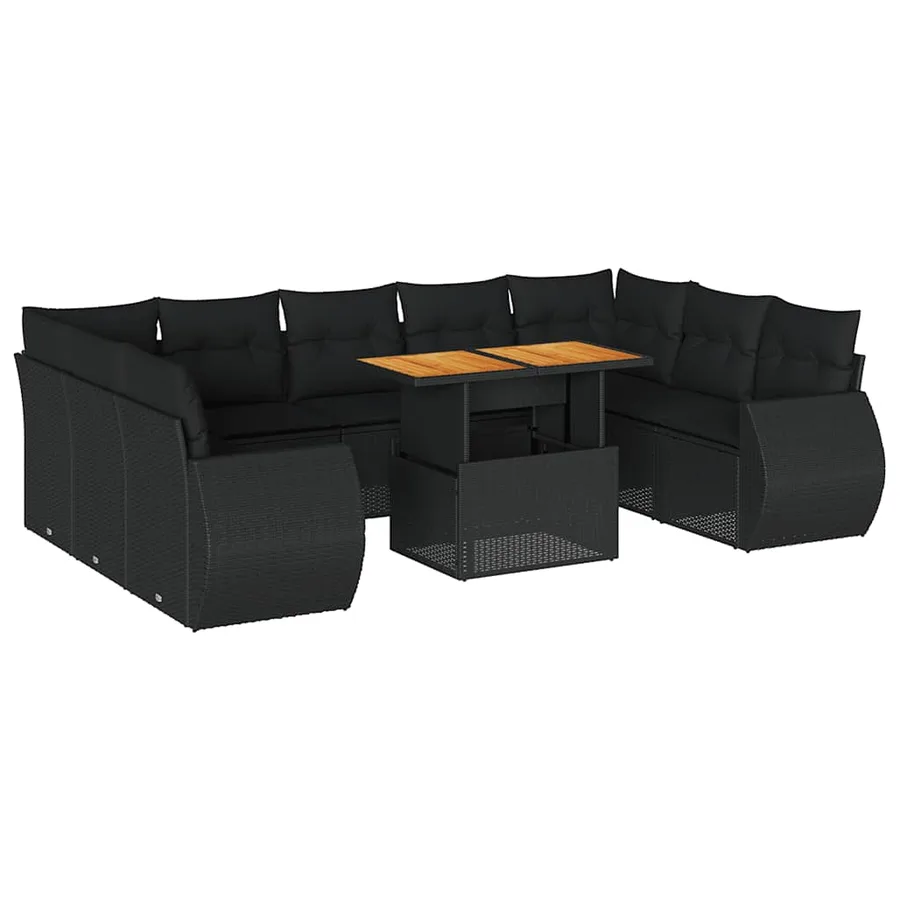 Salon de jardin 10 pcs avec coussins noir résine tressée - 2