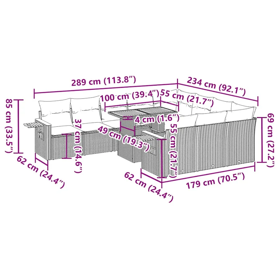 Ensemble de canapés de jardin 11 pcs et coussins rotin acacia - 15
