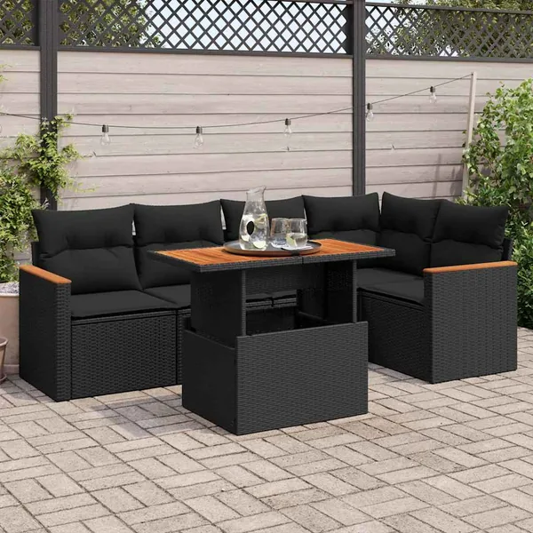 Salon de jardin 6 pcs avec coussins noir résine tressée acacia