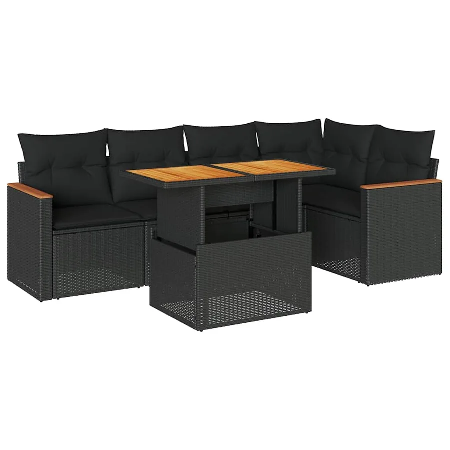 Salon de jardin 6 pcs avec coussins noir résine tressée acacia - 2