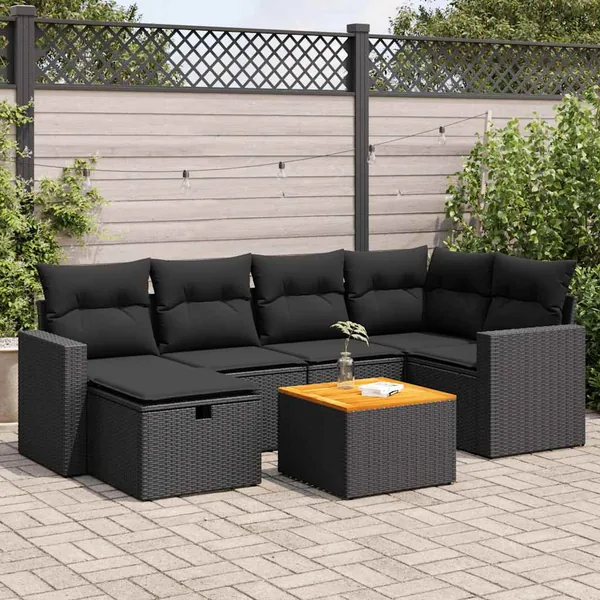 Salon de jardin 7 pcs avec coussins noir résine tressée 65,5 x 62 x 69 cm - 58,4 kg
