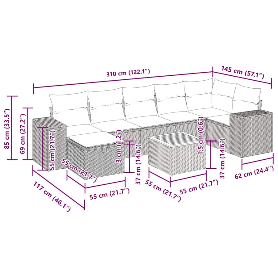 Salon de jardin avec coussins 8 pcs beige résine tressée - 14