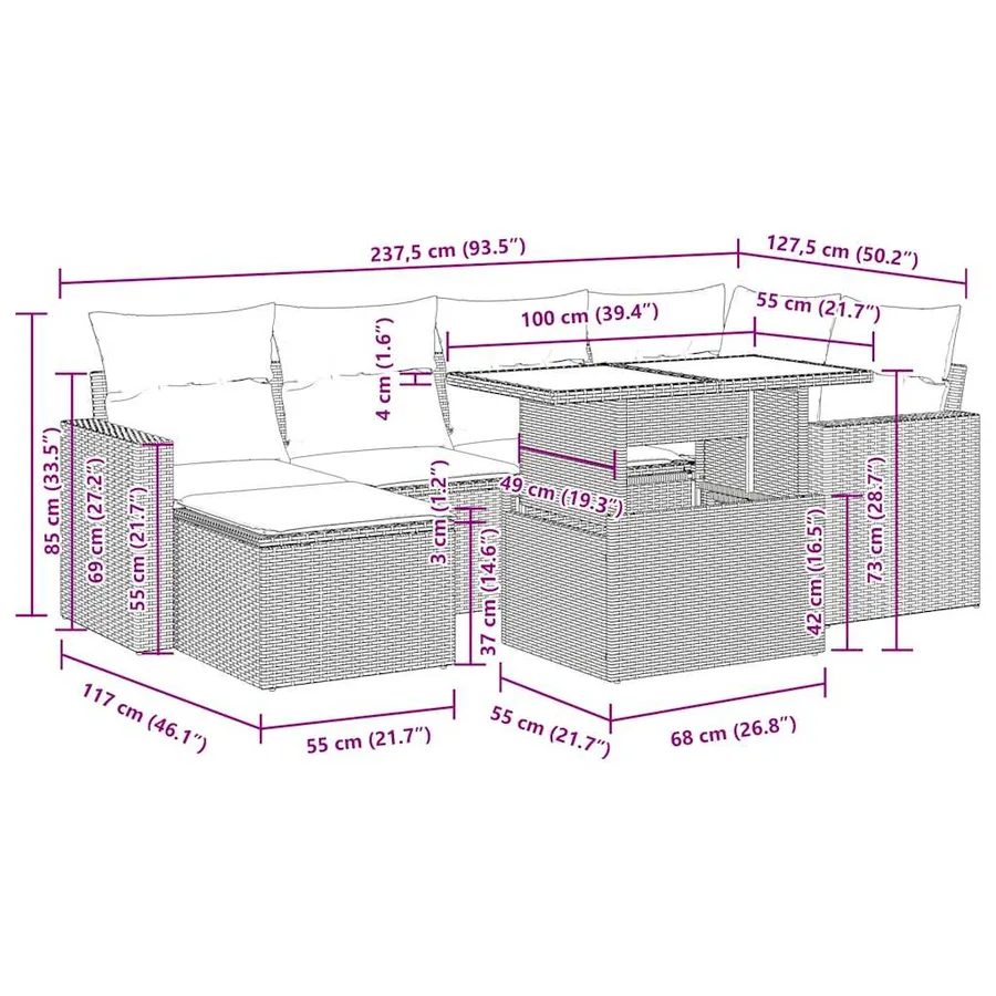 Salon de jardin avec coussins 7 pcs gris résine tressée - 16