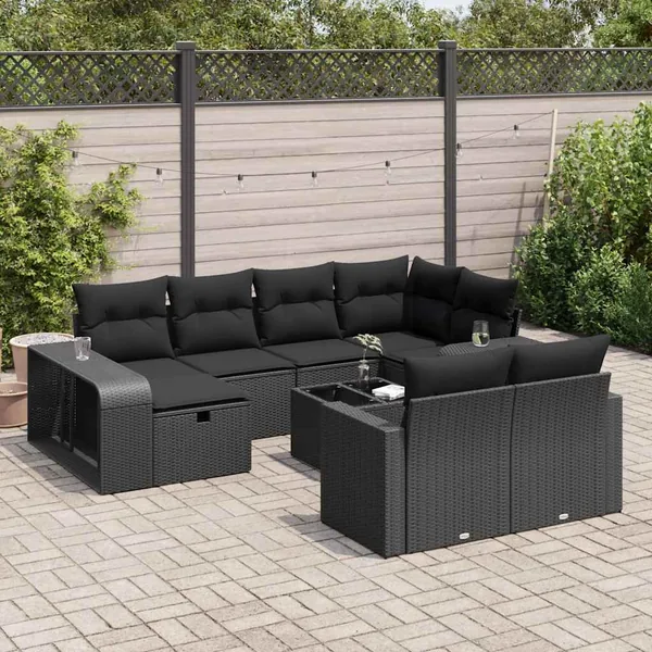 Salon de jardin 11 pcs avec coussins noir résine tressée