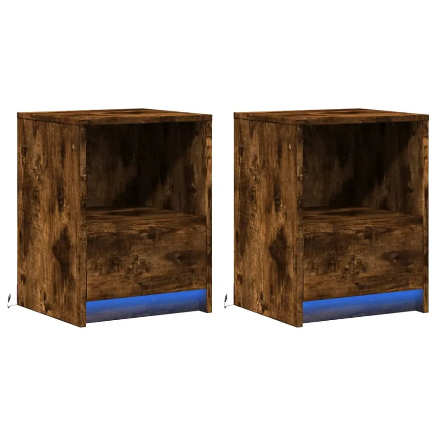 Armoires de chevet et lumières LED 2 pcs chêne fumé - 3