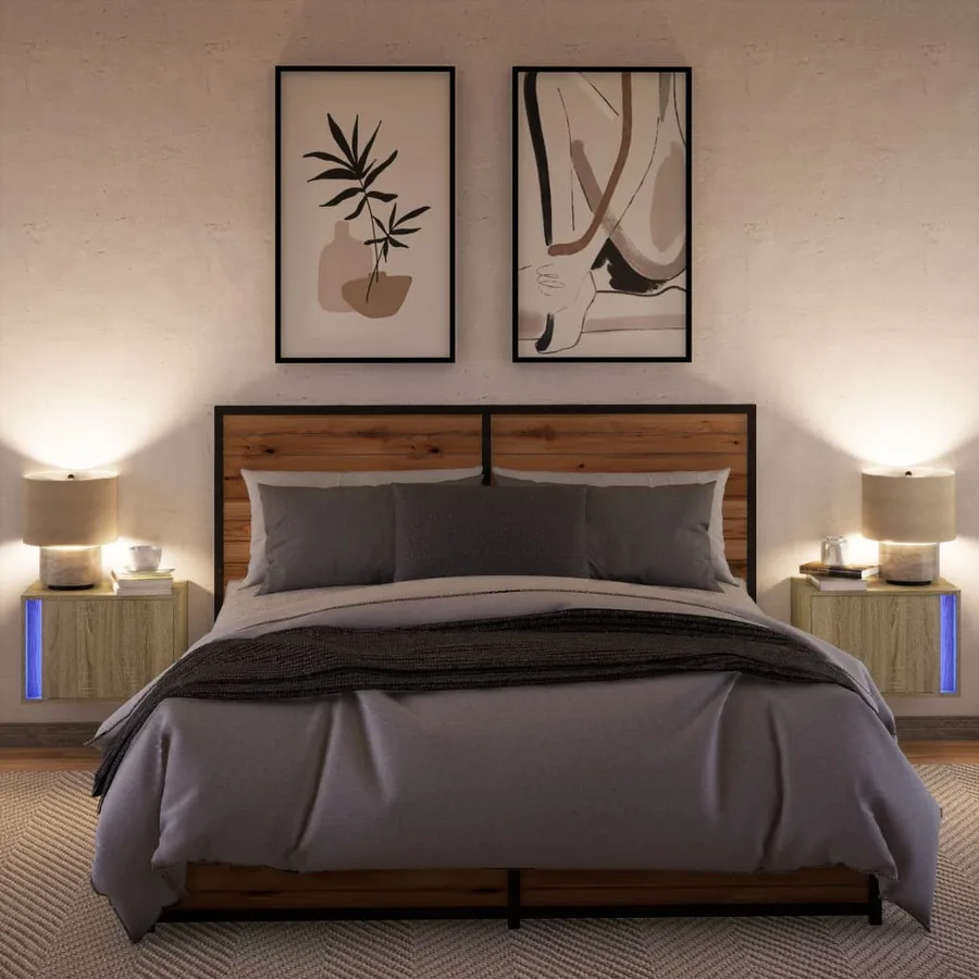 Tables de chevet murales avec lumières LED 2 pcs chêne sonoma - 5