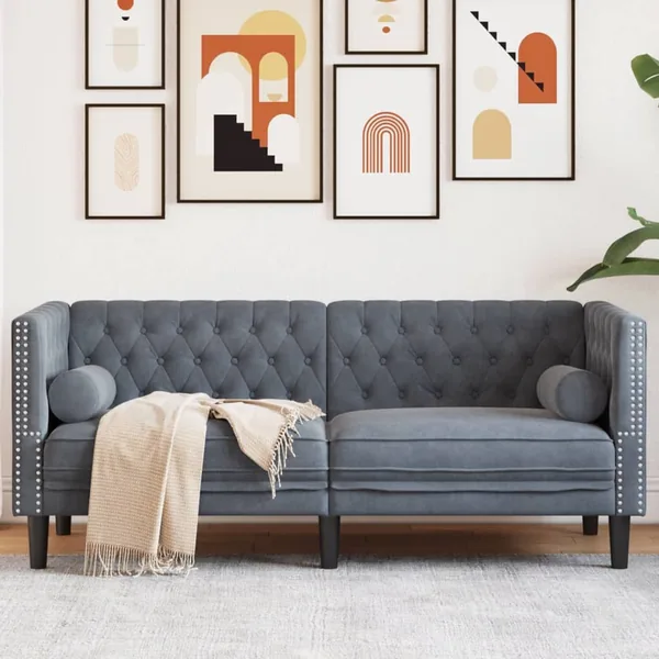 Canapé Chesterfield avec traversins 2 places gris foncé velours