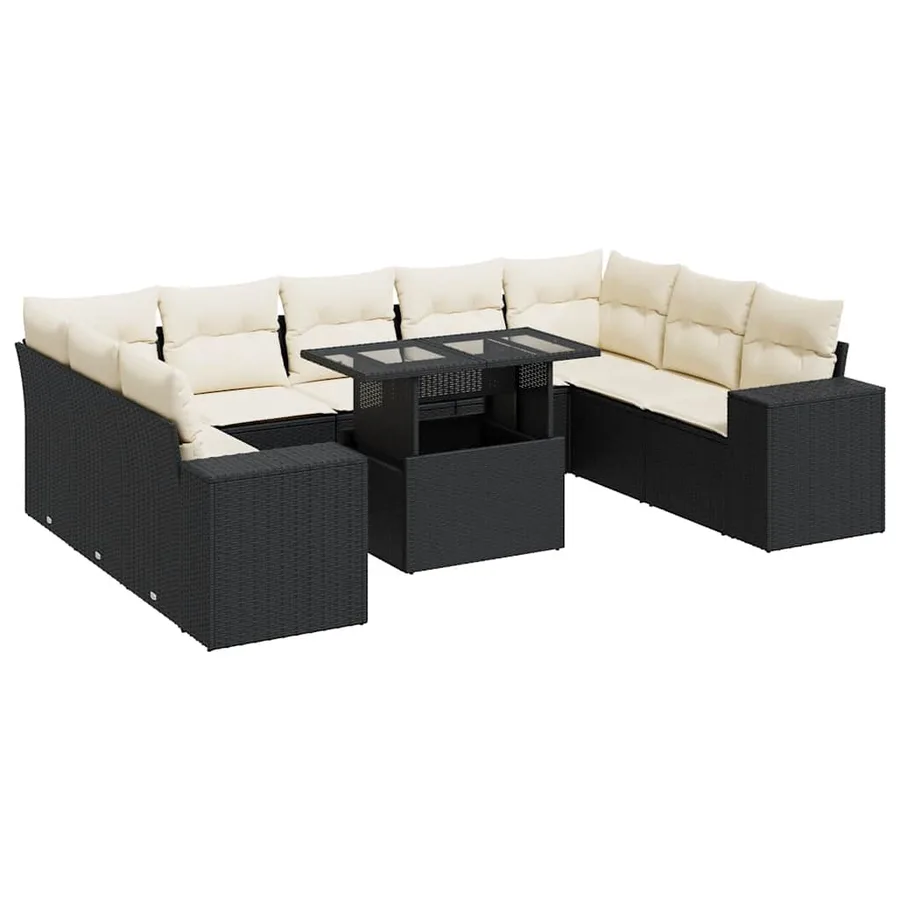 Salon de jardin 10 pcs avec coussins noir résine tressée - 2