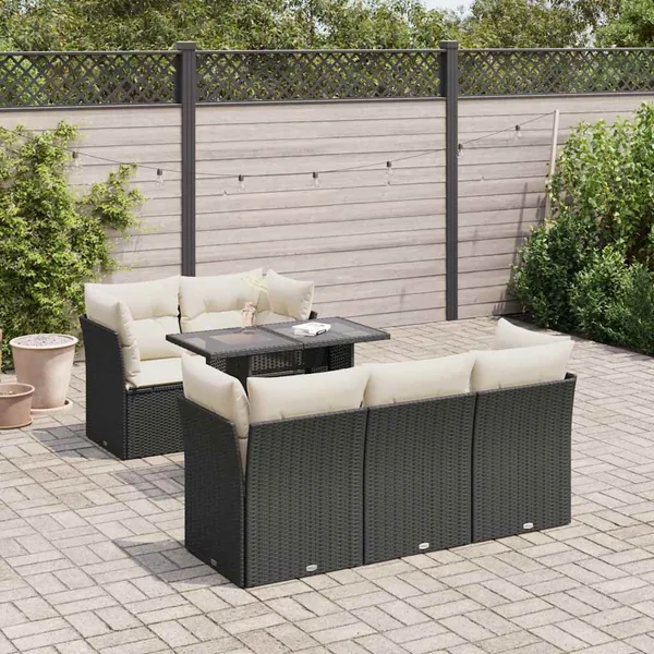 Salon de jardin 6 pcs avec coussins noir résine tressée