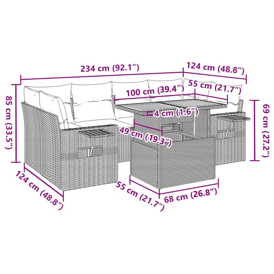 Salon de jardin 7 pcs avec coussins noir résine tressée 62 x 62 x 69 cm - 69,6 kg - 15