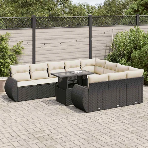 Salon de jardin 11 pcs avec coussins noir résine tressée