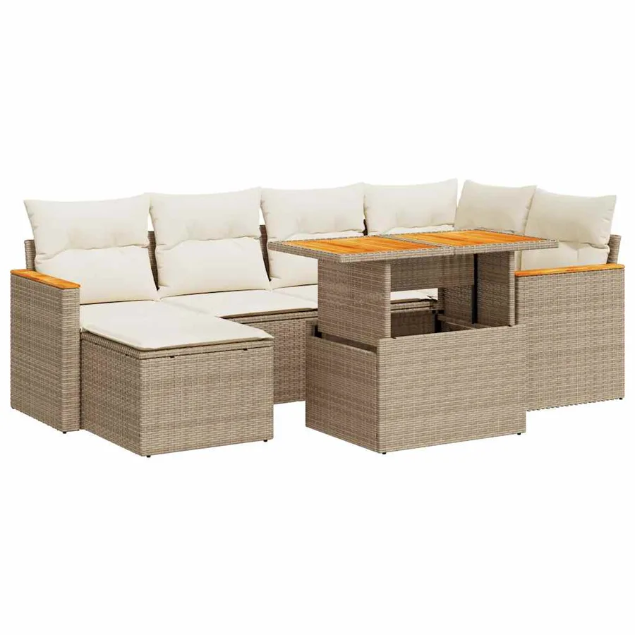 Salon de jardin avec coussins 7 pcs beige résine tressée acacia - 2
