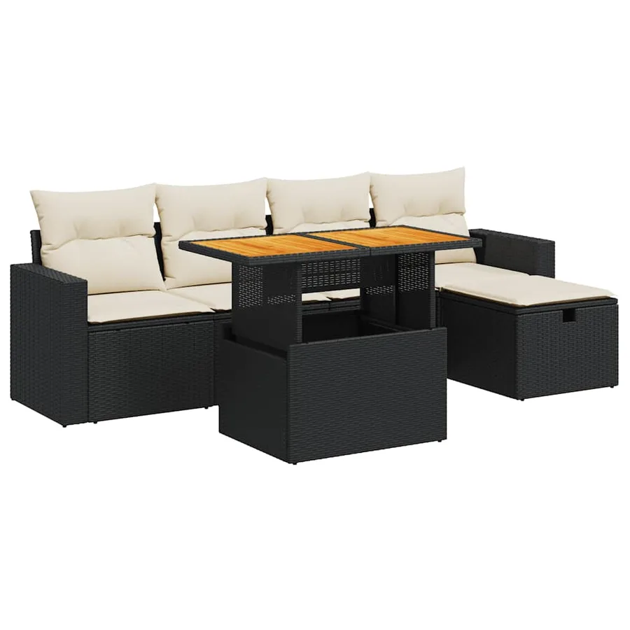 Salon de jardin 6 pcs avec coussins noir résine tressée acacia - 2