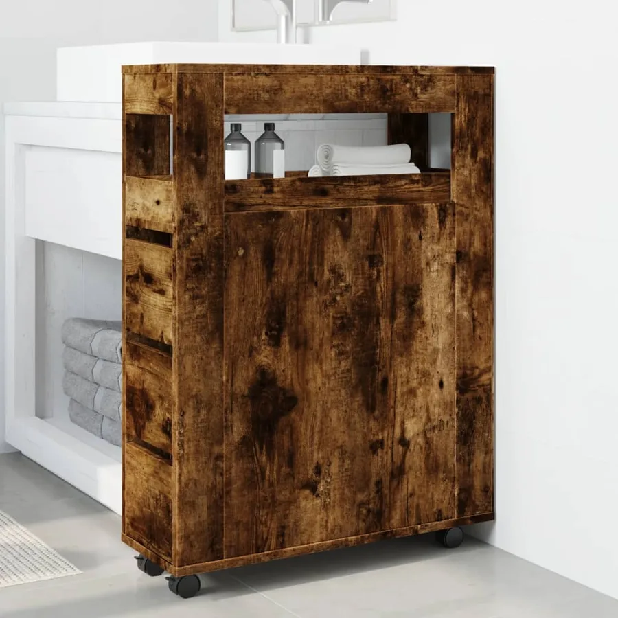 Meuble étroit de salle de bain à roulettes chêne fumé - 3