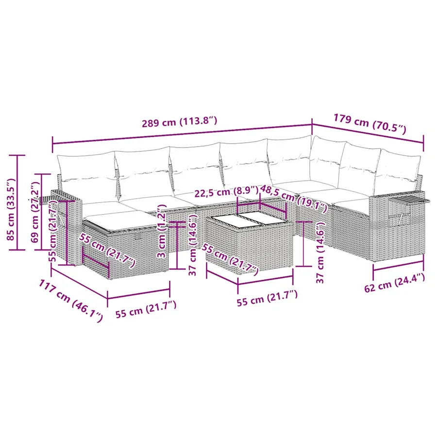 Salon de jardin avec coussins 9 pcs beige résine tressée - 15
